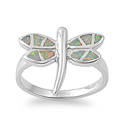 Sterling Silver Modish Dragonfly with White Lab Opal Mosaic Inlay RingAnd Face Height of 16MM