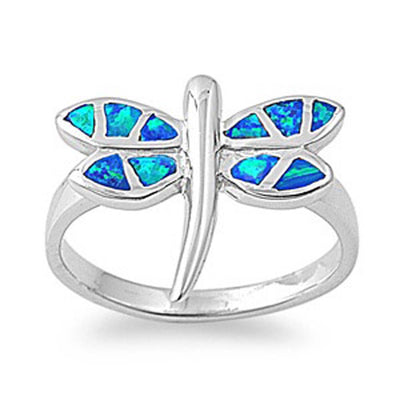 Sterling Silver Modish Dragonfly with Blue Lab Opal Mosaic Inlay RingAnd Face Height of 16MM