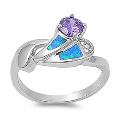 Sterling Silver Gorgeous Design Round Amethyst CZ with Blue Lab Opal Inlay Band RingAnd Face Height of 10MM