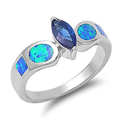 Sterling Silver Fancy Blue Sapphire CZ Marquise Cut with Blue Lab Opal Inlay Band RingAnd Face Height of 9MM