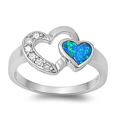 Sterling Silver Fancy Open Cut Heart Shape with CZ and Small Heart Blue Lab Opal RingAnd Face Height of 10MM