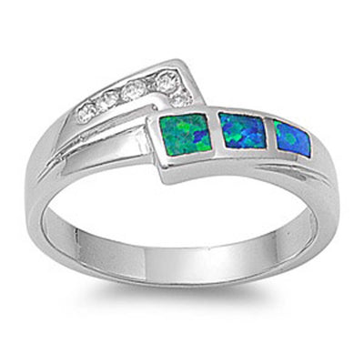 Sterling Silver Fancy Modish Blue Lab Opal Inlay with Clear CZ Bypass Band RingAnd Face Height of 8MM