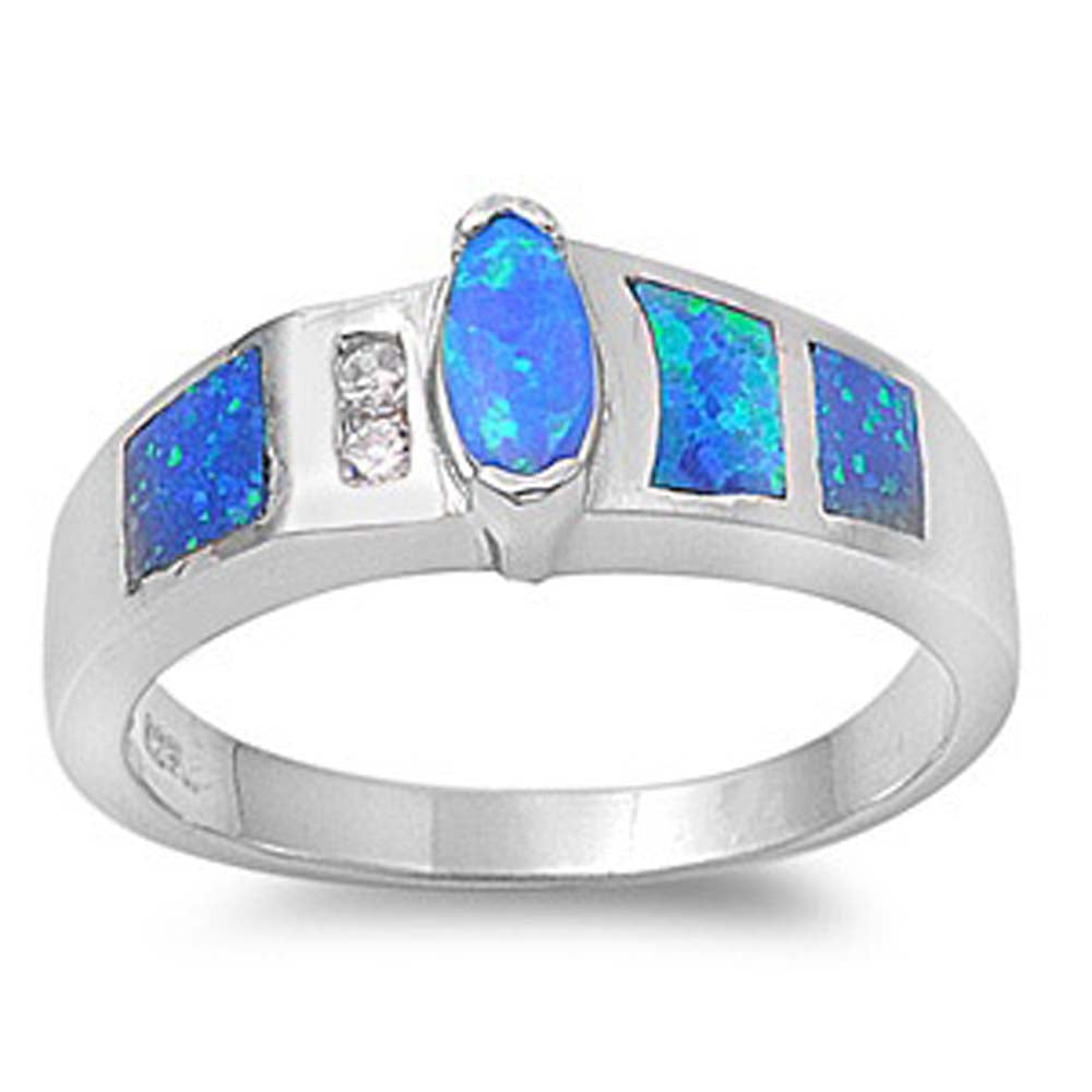Sterling Silver Stylish Inlay with Blue Lab Opal and Centered Marquise Cut with Clear CZ Band RingAnd Face Height of 8MM