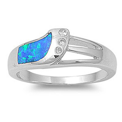 Sterling Silver Blue Lab Opal Inlay with Clear CZ Fancy Band RingAnd Face Height of 7MM