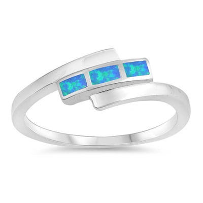 Sterling Silver Modish Inlay with Blue Lab Opal Bypass Band RingAnd Face Height of 7MM