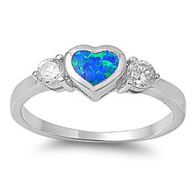 Sterling Silver Trendy Blue Lab Opal Centered Heart Shape Bezel Set with  Clear CZ Side Stones RingAnd Face Height of 6MM