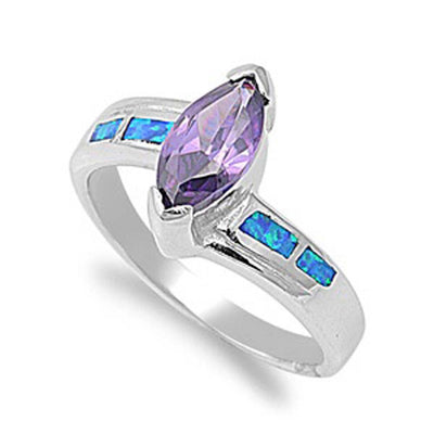 Sterling Silver Modish Amethyst CZ Marquise Cut with Blue Lab Opal Inlay Bypass Band RingAnd Face Height of 12MM