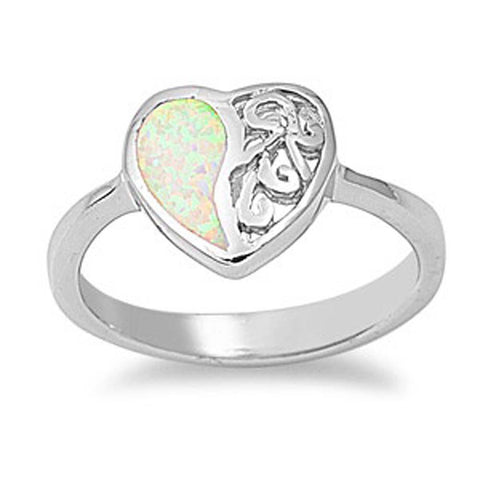 Sterling Silver Trendy Heart Shape with Half White Lab Opal and Half Filigree Design RingAnd Face Height of 11MM