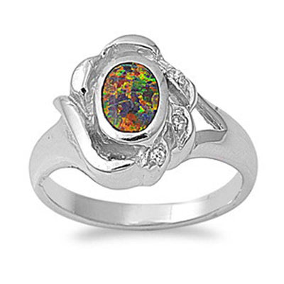 Sterling Silver Fancy Vintage Style Black Lab Opal Oval Cut Bezel Set Ring with Face Height of 14MM