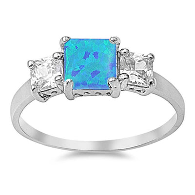 Sterling Silver Modern Style Three Princess Cut Stone Blue Lab Opal and Clear CZ Ring with Face Height of 7MM