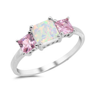 Sterling Silver Prong Set Princess Cut Clear CZ Fancy Ring with a Prong Set Square White Lab Opal in the CenterAnd Ring Face Height of 7MM