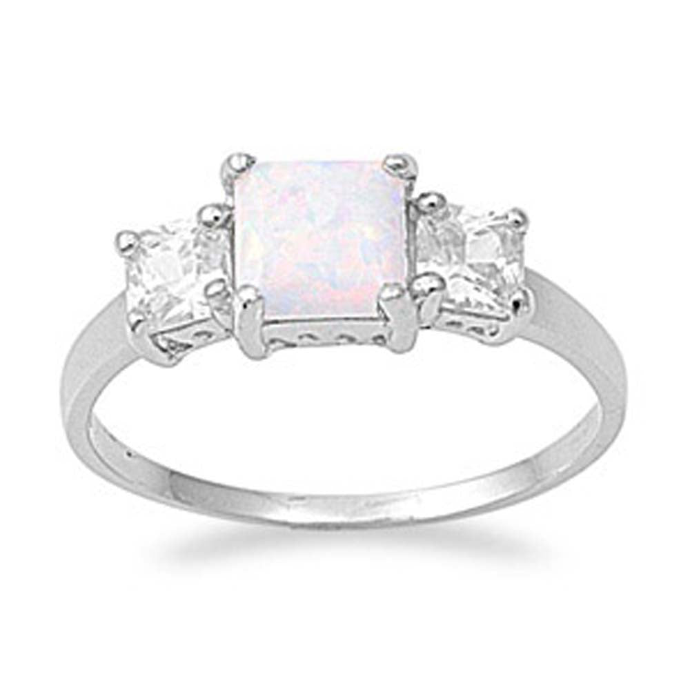 Sterling Silver Stylish Three Pricess Cut Stone White Lab Opal and Clear CZ Ring with Face Height of 7MM
