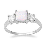 Sterling Silver Stylish Three Pricess Cut Stone White Lab Opal and Clear CZ Ring with Face Height of 7MM