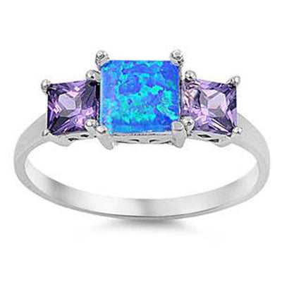 Sterling Silver Three Princess Cut Blue Lab Opal Rings With Amethyst CZAnd Face Height 7mm