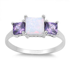Sterling Silver Stylish Three Princess Cut Stone White Lab Opal and Amethyst CZ Ring with Face Height of 7MM