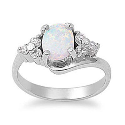 Sterling Silver Elegant Style White Lab Opal Oval Cut with Clear CZ Stone RingAnd Face Height of 10MM