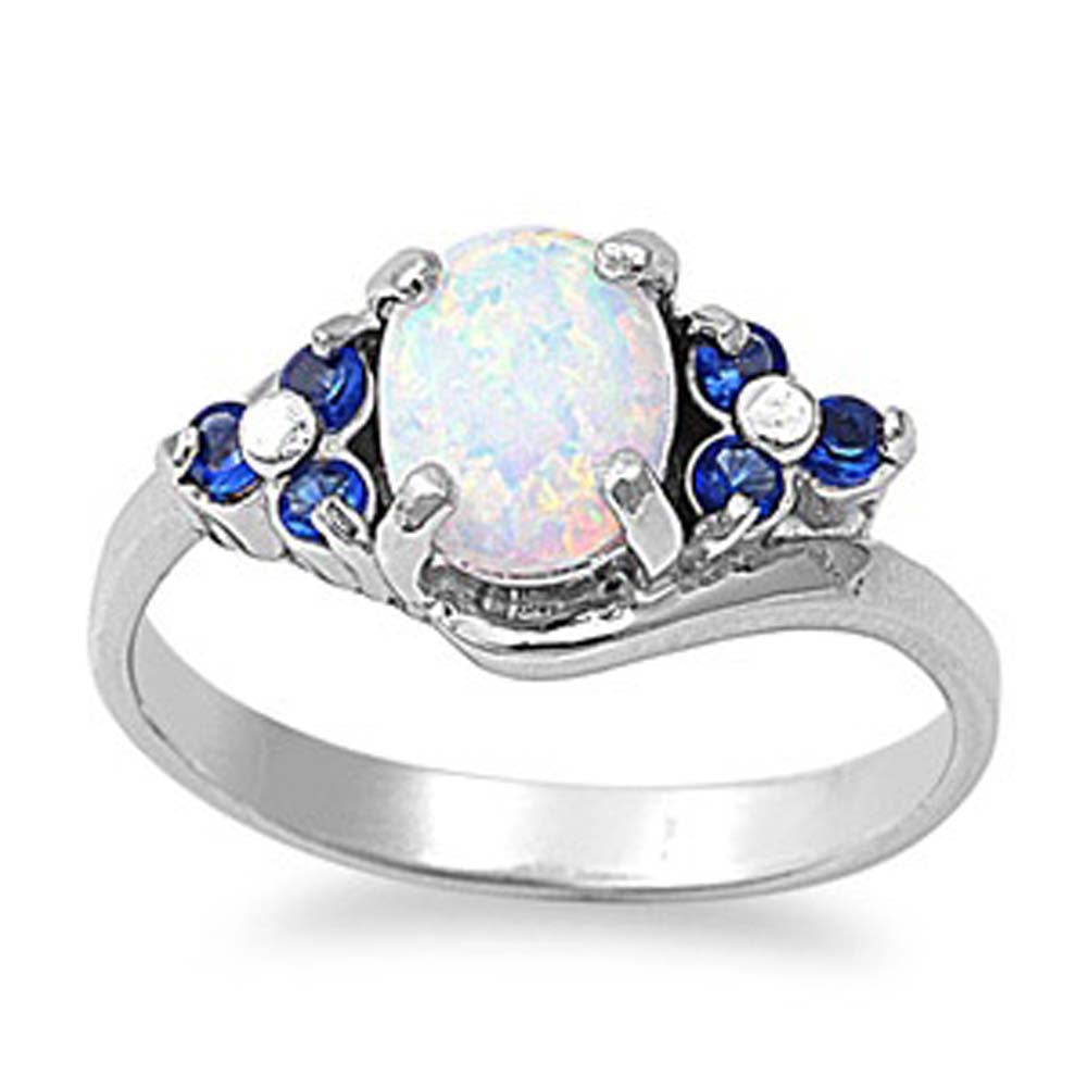 Sterling Silver White Lab Opal Oval Cut with Blue Sapphire CZ Stone Ring, Face Height of 10MM