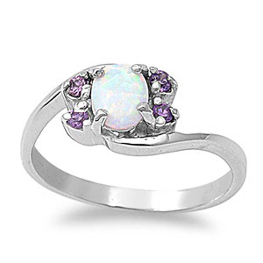 Sterling Silver Stylish Centered White Lab Opal Oval Cut with Round Amethyst Side Stones Bypass Band RingAnd Face Height of 9MM
