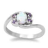 Sterling Silver Stylish Centered White Lab Opal Oval Cut with Round Amethyst Side Stones Bypass Band RingAnd Face Height of 9MM