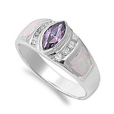 Sterling Silver Fancy Modish Amethyst CZ Bezel Set Marquise Cut with Clear CZ and White Lab Opal Inlay RingAnd Face Height of 9MM