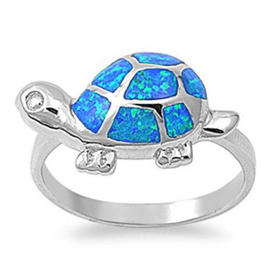 Sterling Silver Fashion Turtle Inlay with Blue Lab Opal and Clear Cz RingAnd Face Height of 11MM