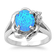 Load image into Gallery viewer, Sterling Silver Fancy Modish Blue Lab Opal Oval Cut with Clear CZ Split Band RingAnd Face Height of 15MM