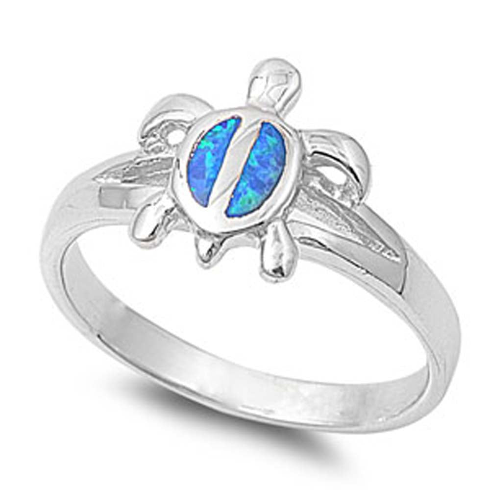 Sterling Silver Modish Fancy Turtle Inlay with Blue Lab Opal Split Band RingAnd Face Height of 12MM