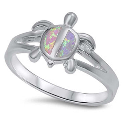 Sterling Silver Modish Fancy Turtle Inlay with Pink Lab Opal Split Band RingAnd Face Height of 12MM