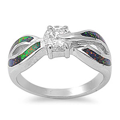 Sterling Silver Round Oval CZ and Black Lab Opal Rings CZ And Face Height 7mm