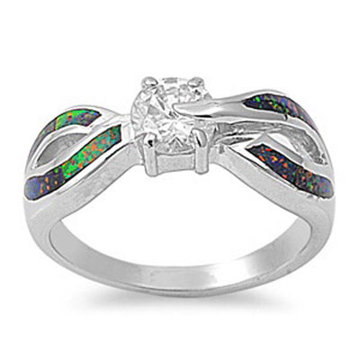 Sterling Silver Fancy Modish Centered Round Clear CZ with Black Lab Opal Inlay Infinity RingAnd Face Height of 7MM