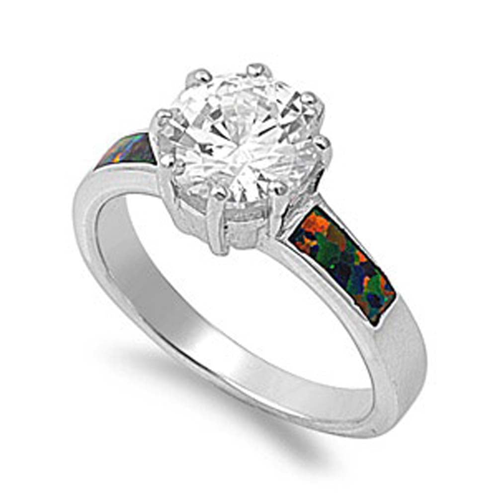 Sterling Silver Modern Style Round Clear CZ with Black Lab Opal Inlay Solitaire RingAnd Face Height of 9MM