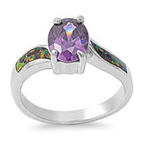 Sterling Silver Stylish Amethyst CZ Oval Cut with Black Lab Opal Inlay Bypass Band RingAnd Face Height of 9MM