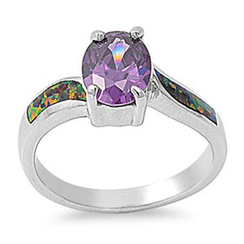 Sterling Silver Stylish Amethyst CZ Oval Cut with Black Lab Opal Inlay Bypass Band RingAnd Face Height of 9MM