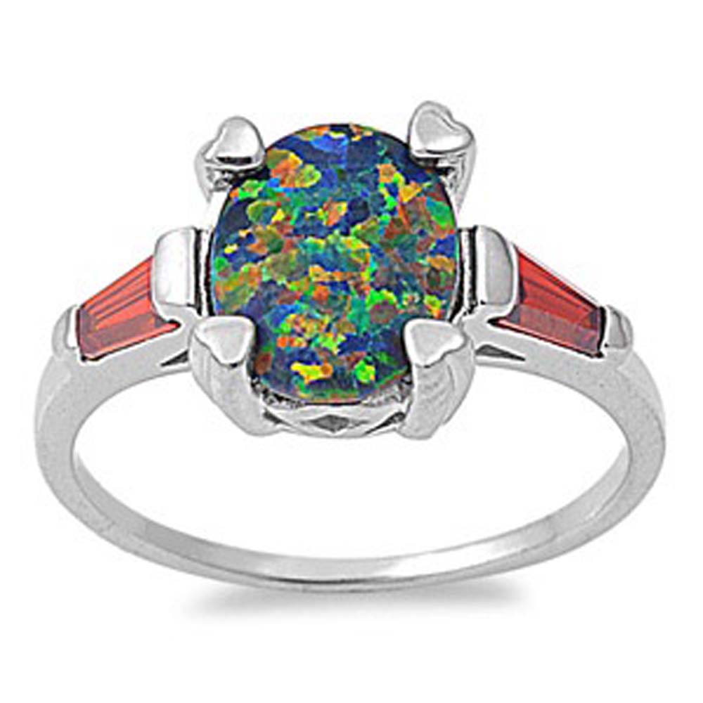 Sterling Silver Stylish Black Lab Opal Oval Cut with Garnet CZ Baguette Fancy Filigree Solitaire RingAnd Face Height of 10MM