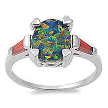 Load image into Gallery viewer, Sterling Silver Stylish Black Lab Opal Oval Cut with Garnet CZ Baguette Fancy Filigree Solitaire RingAnd Face Height of 10MM