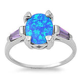 Sterling Silver Stylish Blue Lab Opal Oval Cut with Amethyst CZ Baguette Fancy Filigree Solitaire RingAnd Face Height of 10MM