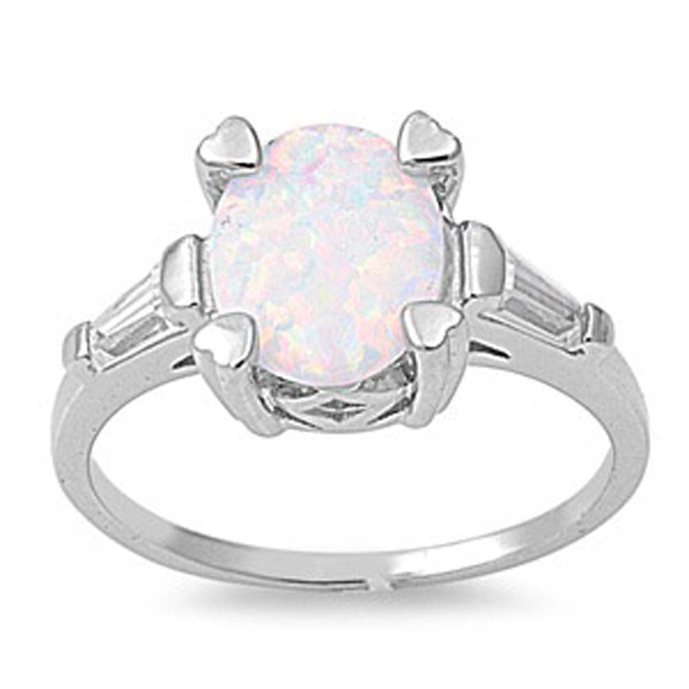 Sterling Silver Stylish White Lab Opal Oval Cut with Clear CZ Baguette Fancy Filigree Solitaire RingAnd Face Height of 10MM