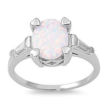 Load image into Gallery viewer, Sterling Silver Stylish White Lab Opal Oval Cut with Clear CZ Baguette Fancy Filigree Solitaire RingAnd Face Height of 10MM
