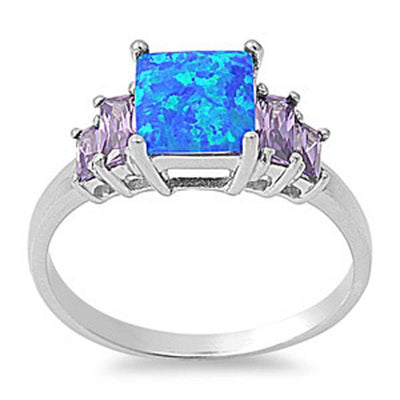 Sterling Silver Elegant Design Blue Lab Opal Princess Cut with Amethyst CZ RingAnd Face Height of 8MM