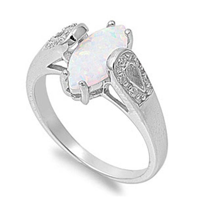 Sterling Silver Elegant Design White Lab Opal Marquise Cut with Clear CZ Solitaire RingAnd Face Height of 11MM