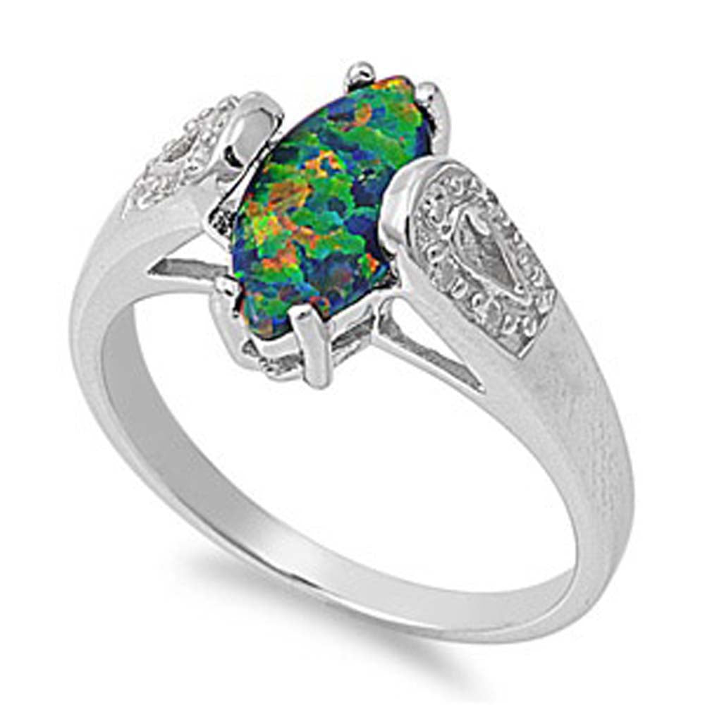 Sterling Silver Elegant Design Black Lab Opal Marquise Cut with Clear CZ Solitaire RingAnd Face Height of 11MM