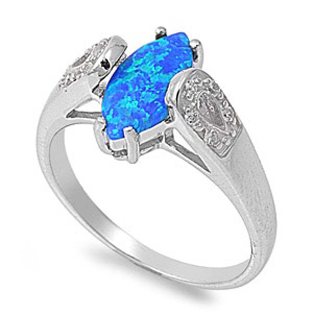 Sterling Silver Elegant Design Blue Lab Opal Marquise Cut with Clear CZ Solitaire RingAnd Face Height of 11MM