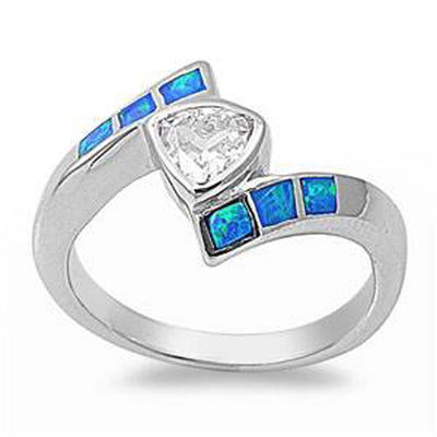 Sterling Silver Trillion Shape Blue Lab Opal Rings With Clear CZ StoneAnd Face Height 13mm