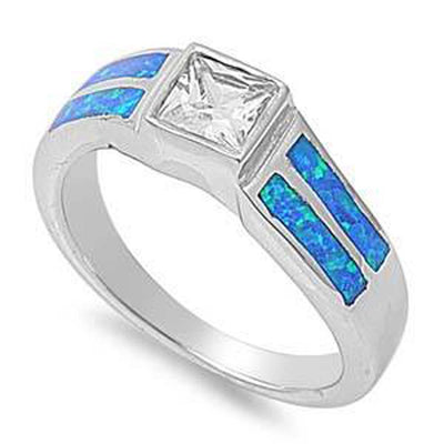 Sterling Silver Modern Style Amethyst CZ Princess Cut Bezel Set With Blue Lab Opal Inlay Band Ring