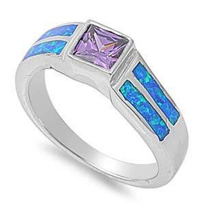 Sterling Silver Square Blue Lab Opal Rings With Amethyst CZAnd Face Height 6mm