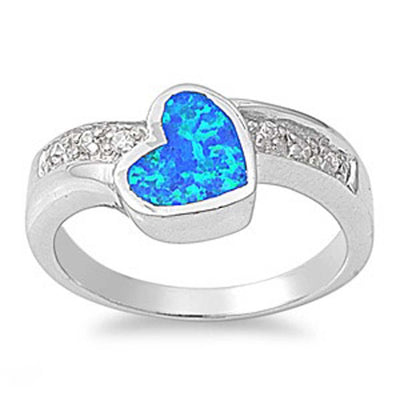 Sterling Silver Fancy Blue Lab Opal Sideway Heart Shape Bezel Set with Clear CZ Inlay Bypass Band RingAnd Face Height of 9MM
