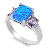 Sterling Silver Stylish Three Emerald Cut Stone Blue Lab Opal and Amethsyt CZ Ring with Face Height of 10MM