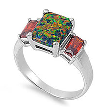 Load image into Gallery viewer, Sterling Silver Stylish Three Emerald Cut Stone Black Lab Opal and Garnet CZ Ring with Face Height of 10MM
