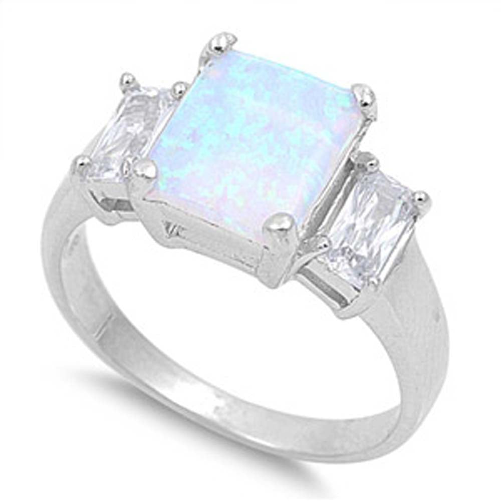 Sterling Silver Stylish Three Emerald Cut Stone Lab Opal and Clear CZ Ring with Face Height of 10MM