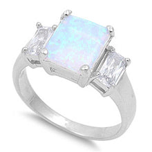 Load image into Gallery viewer, Sterling Silver Stylish Three Emerald Cut Stone Lab Opal and Clear CZ Ring with Face Height of 10MM